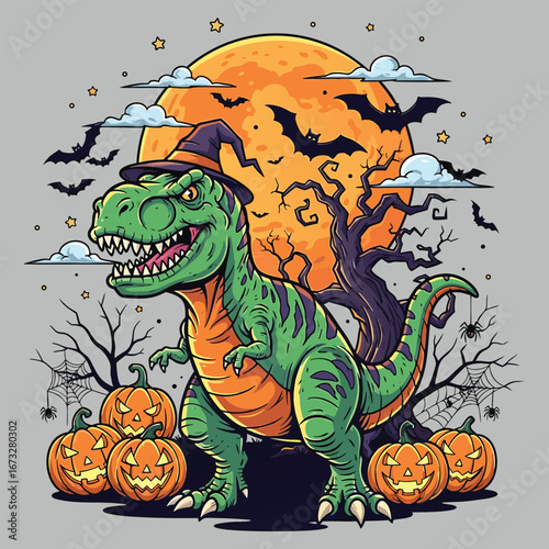 A festive cartoon halloween scene featuring a dinosaur and carved pumpkins under a full moon