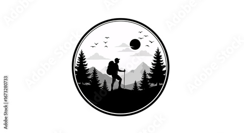 Adventurous hiker with backpack and trekking poles pauses on mountain summit enjoying scenic sunrise, inspiring journey and exploration