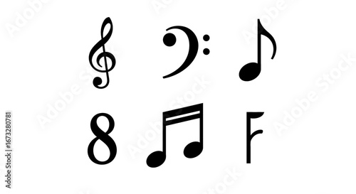 Essential music notation symbols including treble clef, bass clef, eighth note, sixteenth note, whole note, and fermata for artistic projects