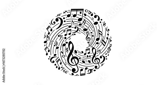 Dynamic musical notes swirl into a captivating vortex, creating a vibrant visual symphony perfect for creative projects and artistic expression.