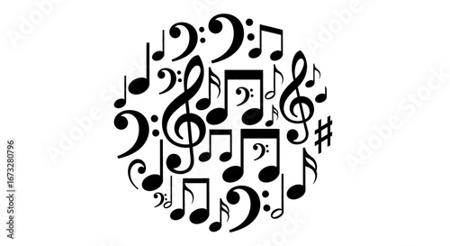 Dynamic collage of black musical notes and symbols elegantly arranged in a circular composition, evoking creativity and rhythm
