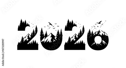 Embrace the wild spirit of 2020 with this stunning silhouette of majestic mountains, evergreen forests, and soaring birds, capturing adventure and freedom