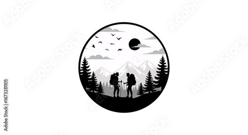 Adventurous hikers embracing stunning mountain vista, seeking nature's grandeur and outdoor exploration under a bright sunlit sky