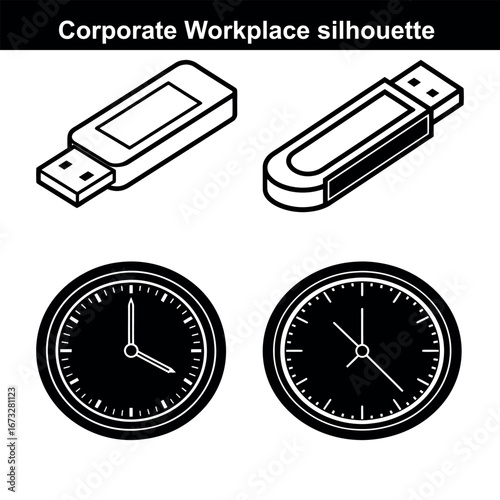 Black and White Illustration of Corporate Workplace Objects Including USB Drives and Analog Clocks Signifying Time Management and Data Storage