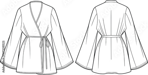 Fashion flat sketch of kimono style wrap jacket with wide sleeves, belted waist, sewing template, garment design illustration