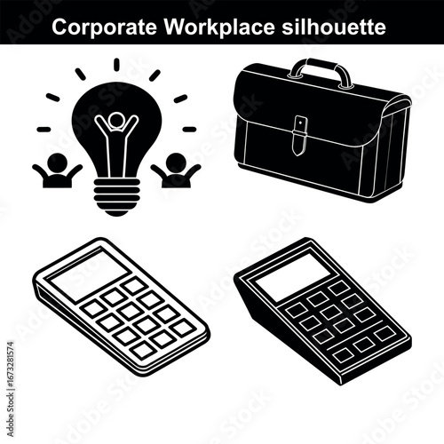 Corporate Workplace Silhouette Graphic with Idea Generation Briefcase and Calculator for Business Concepts