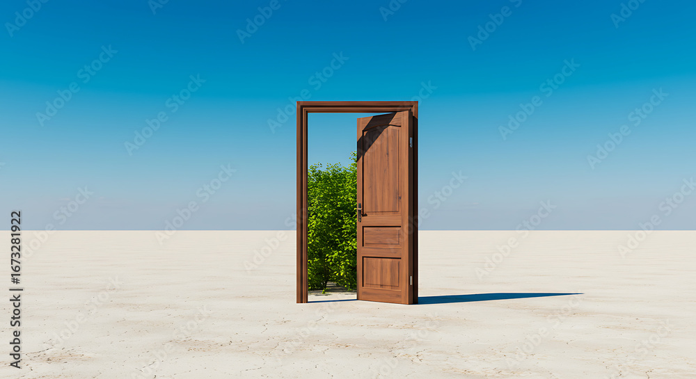 An open wooden door in a sand desert reveals a lush green forest, a surreal concept of opportunity and climate change An open wooden door in a sand desert reveals a lush green forest, a surreal concept of opportunity and climate change