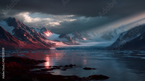 Fototapeta Naklejka Na Ścianę i Meble -  Dramatic glacial landscape with sun rays illuminating snow-capped mountains, a large glacier, and striking red ground.