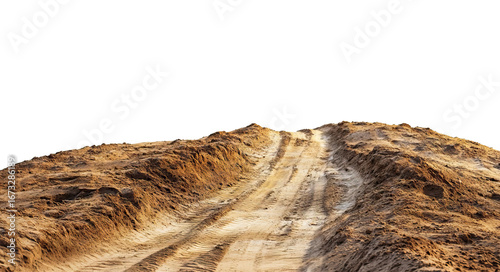 Muddy dirt road with deep tire tracks, isolated on transparent cutout background