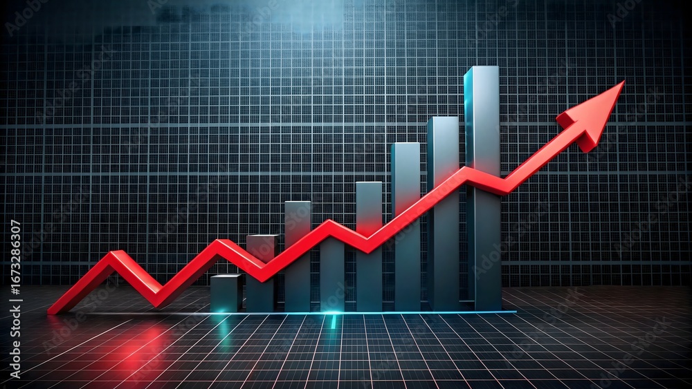 Fototapeta premium Red line graph on black background with upward arrow, symbolizing business growth, economic success, and financial progress. High-quality professional stock image for data an