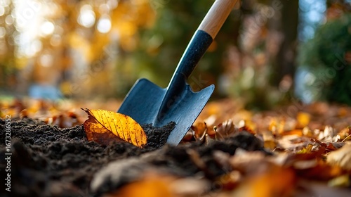Gardener uses shovel to dig soil in autumn landscape filled with fallen leaves