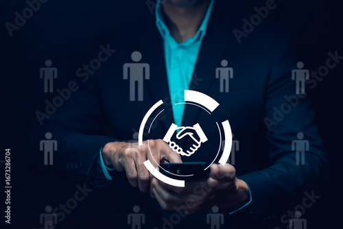 Tableau sur toile people shaking hands icon finishing meeting in office, Finishing up collaboration discussing of partner cooperation in investment marketing project, successful contract agreement to become teamwork