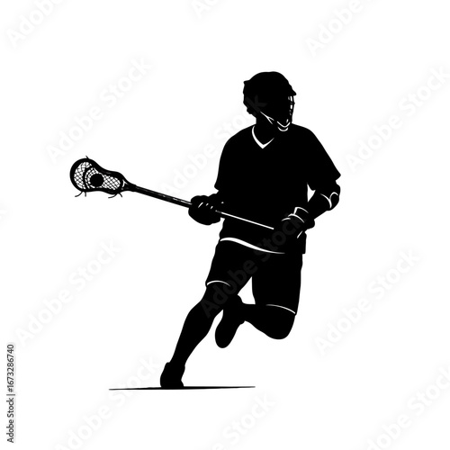 Dynamic black silhouette of a lacrosse player in action, sport concept.