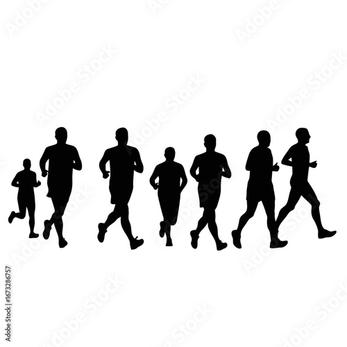 Dynamic group of runners, black silhouettes on a clean white background.