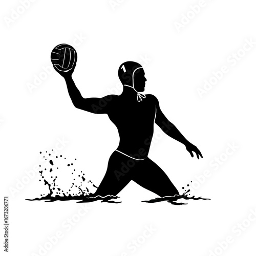 Dynamic water polo athlete in action, minimalist black graphic.