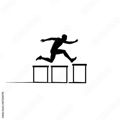 Dynamic silhouette of a male athlete leaping over hurdles on a track.