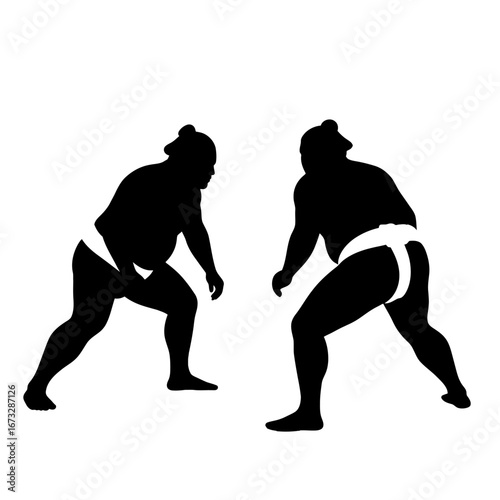 Two black silhouette sumo wrestlers in a powerful ready stance, sport.