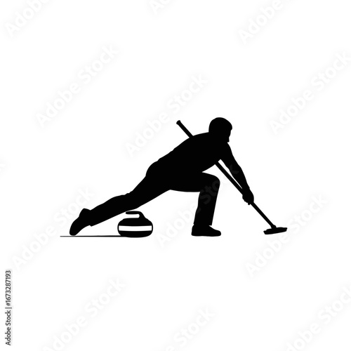 Dynamic silhouette of a curling player sweeping ice with broom and stone.