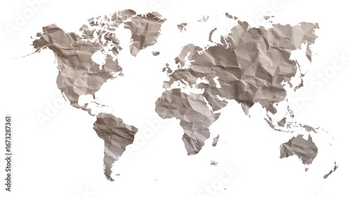 Crumpled Paper World Map. Creative Wrinkled Folded Global Map for Brainstorming, Research, Sustainability, Recycling, Environmental Concepts, Education, Business Presentations and Artistic Design