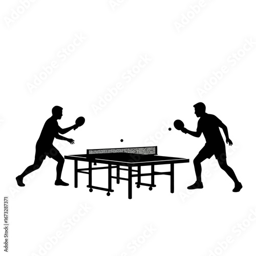 Dynamic silhouette of two players in a table tennis match, sport action.