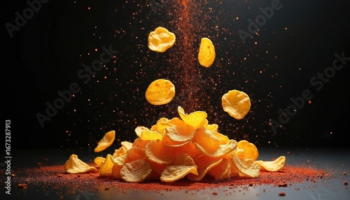 Fototapeta Naklejka Na Ścianę i Meble -  Crispy potato chips cascade downwards, creating a dynamic motion effect. Scattered red spice powder adds color and flavor suggestion. Ideal for food blogs, snack advertising, or culinary art.