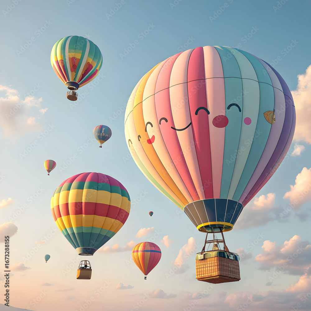 Fototapeta premium Colorful hot air balloons floating joyfully in sky adorable 3d render