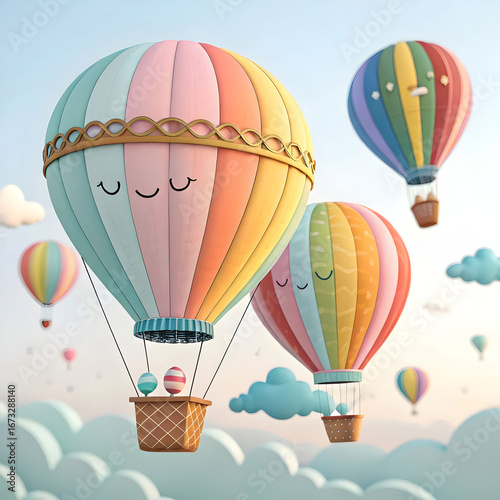 Colorful hot air balloons floating joyfully in sky adorable 3d render