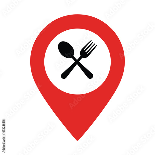 Red location pin marker with crossed fork and spoon silhouette inside for restaurant or food destination