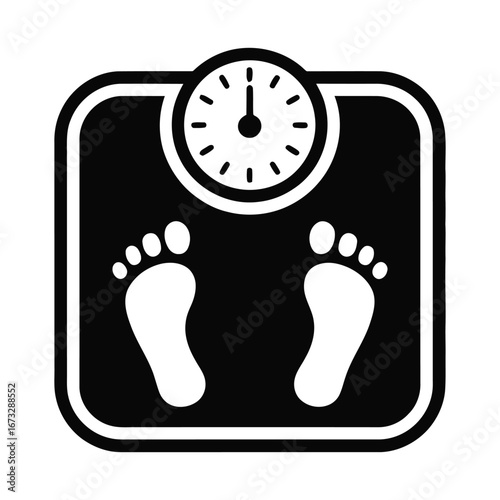 Simple black and white silhouette of feet standing on a bathroom scale with a clock face