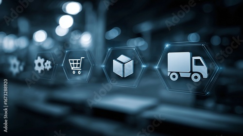 Supply chain management with truck, box, and gear icons floating over logistics team, cinematic style
