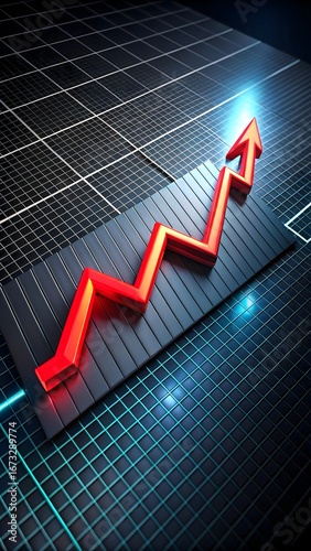 Red line graph on black background with upward arrow, symbolizing business growth, economic success, and financial progress. High-quality professional stock image for data an