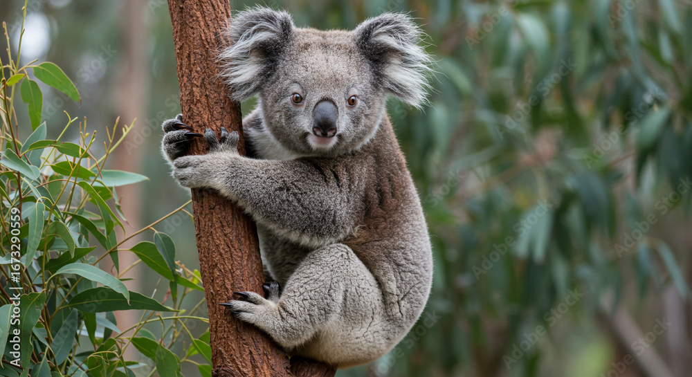 Obraz premium Adorable koala perched on tree branch, looking directly at the viewer with curious eyes