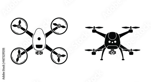 Two drone illustrations in white and black on a plain background
