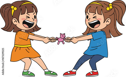 Two angry girls fighting over a toy, conflict, children dispute, sibling rivalry, emotional expression, cartoon kids illustration, parenting issue
