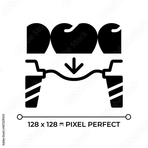 Tooth replacement pixel perfect glyph solid icon. Dental implant, orthodontic service. Porcelain bridge, treatment. Black silhouette symbol on negative space. Vector isolated illustration