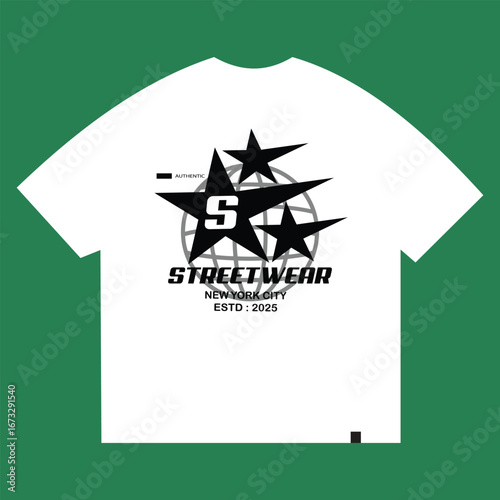 Modern Streetwear T-Shirt Mockup:  Global Branding Design,  Stars,  Bold Typography,  New York City,  2025 Est.,  Clean Minimalist Style.