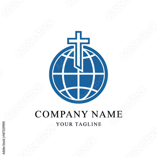 A blue Christian cross logo design integrated with a wireframe globe, symbolizing global faith and ministry.