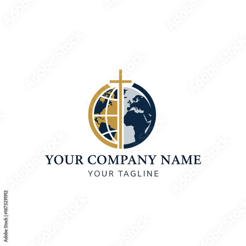 A stylized logo depicting a golden Christian cross standing over a split globe, half golden and half dark blue, representing global faith.