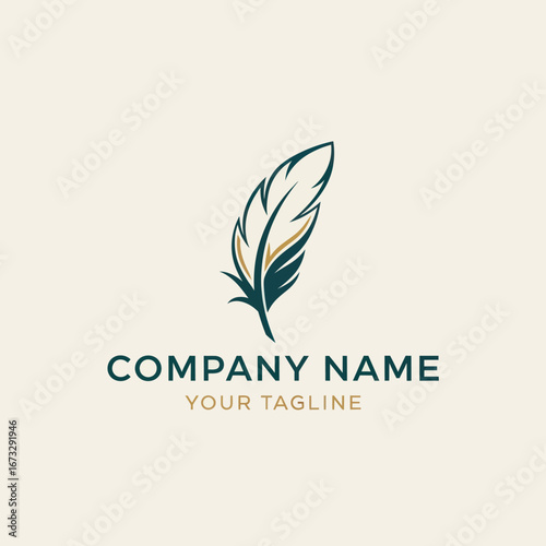An elegant logo design featuring a stylized dark green and gold feather quill on a cream background.
