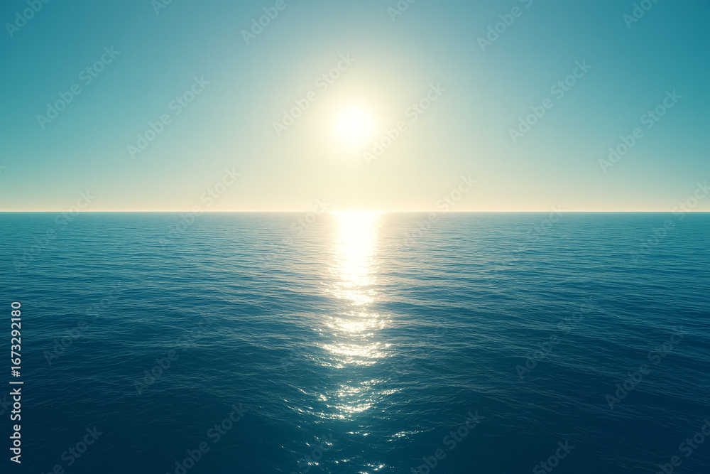 Obraz premium Bright sun shining over calm blue ocean horizon