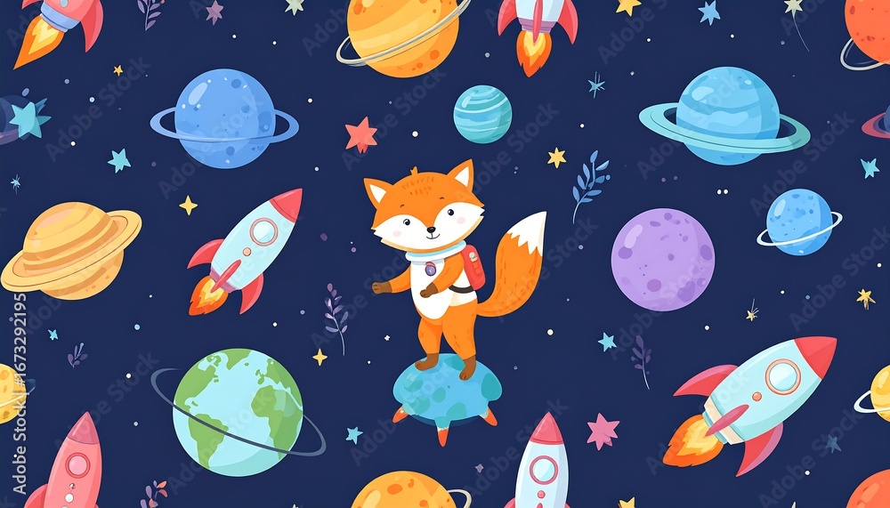 Whimsical Space Adventure Seamless Pattern with Fox Astronaut and Planets Design Whimsical Space Adventure Seamless Pattern with Fox Astronaut and Planets Design