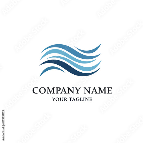 A modern abstract logo featuring stylized blue waves against a white background, with placeholder text for company name and tagline.