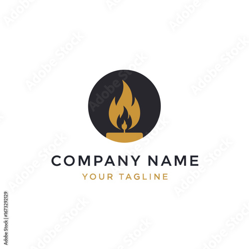 Golden flame logo on a dark circular background with company name and tagline, symbolizing warmth, light, and energy for a brand identity.