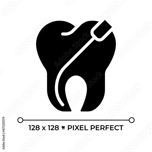 Root canal treatment pixel perfect glyph solid icon. Professional dental care. Oral health. Stomatology, odontology. Black silhouette symbol on negative space. Vector isolated illustration