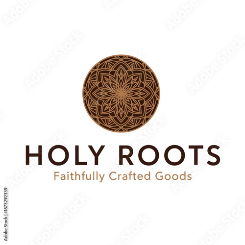 Logo for Holy Roots, featuring an intricate brown mandala design above the company name and tagline 'Faithfully Crafted Goods'.