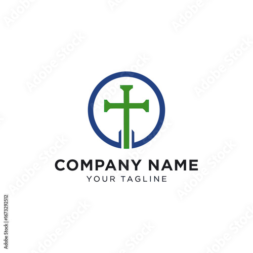 A Christian cross symbol is enclosed within a blue circle, representing faith and spirituality.