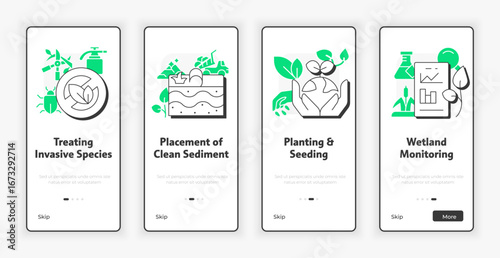 Phases of wetland restoration mobile onboarding screen. Water sources discovery UX UI illustration. Flat outline style icons with green accent. Informa Pro Bold, Montserrat Light fonts used