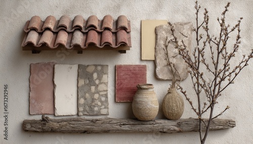 Rustic display of materials roof tiles, stone slabs, and textured pottery against a textured wall with a simple branch accent