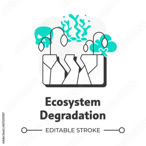 Ecosystem degradation flat outline concept icon. Problem of dangerous nature damage. Impact of water crisis increasing. Modern line illustration with green glyphs. Conceptual visual. Easy to edit