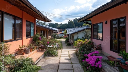 Wallpaper Mural Charming Japanese village path showcasing traditional architecture and vibrant flower gardens inviting exploration and cultural immersion Torontodigital.ca